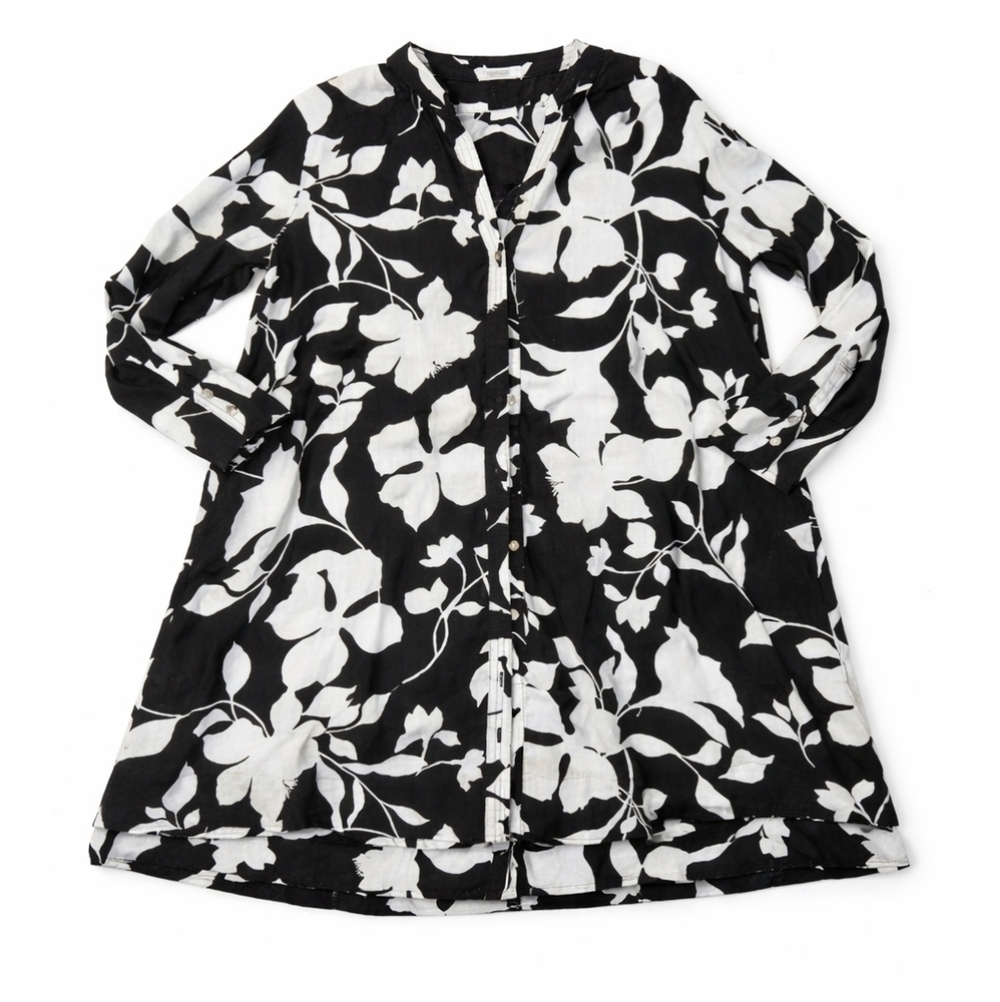 NWOT 100% linen oversize button down floral black white tunic dress  XS